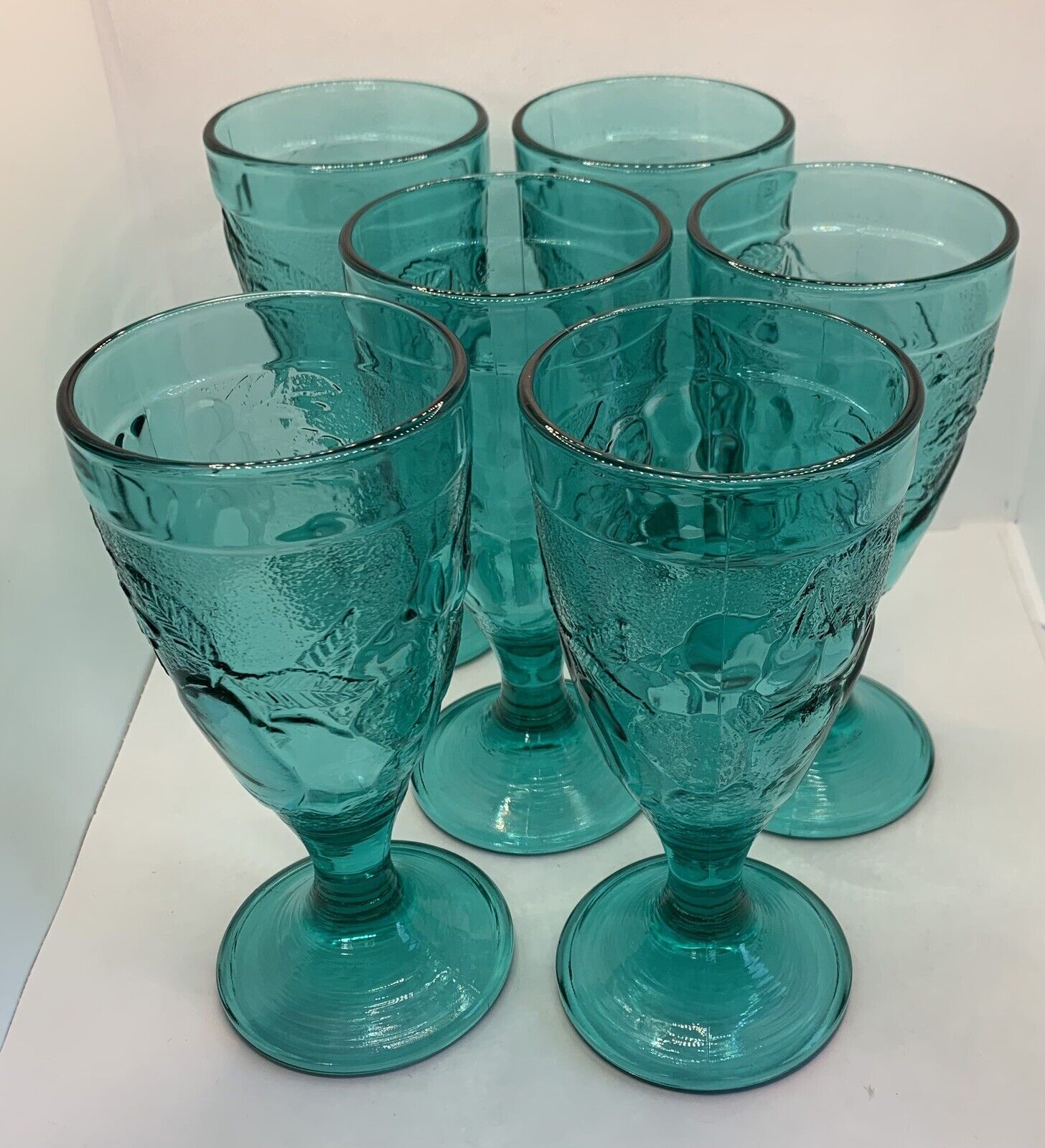Vintage Pressed Glass Goblets Luminarc France 80s Footed Aqua Blue Fruit Motif