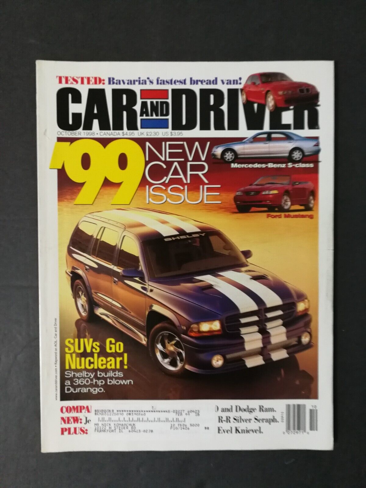 Car & Driver Magazine October 1998 1999 Shelby Durango - Camaro Z28 SS - 223