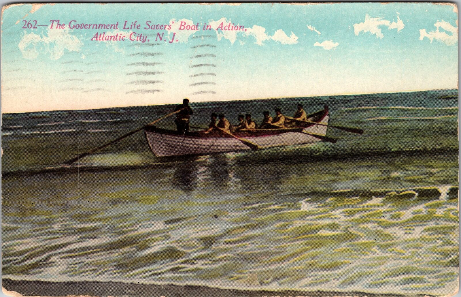 Atlantic City NJ-New Jersey Government Life Savers' Boat in Action Old Postcard