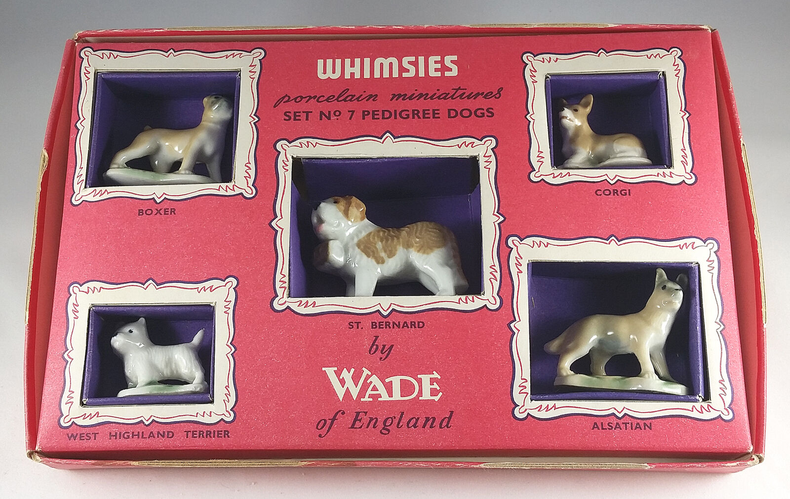 WADE WHIMSIES SET  7 pedigree dogs, 1957,  WITH BOX, BOXER, CORGI, TERRIER, ETC