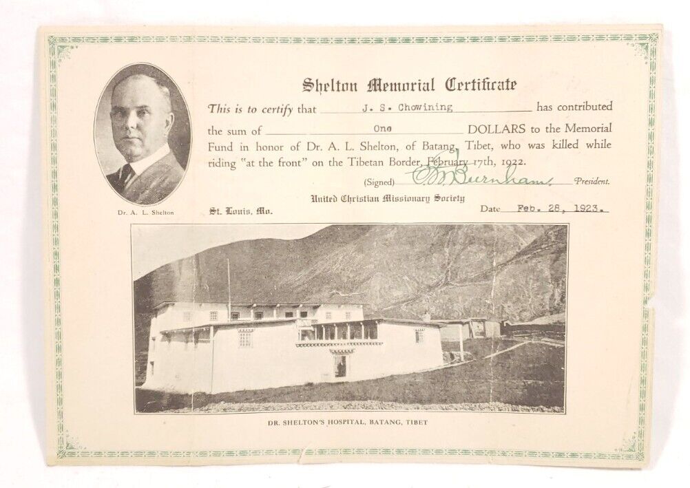 Dr Albert Shelton Memorial Certificate 1923 Batang Tibet United Christian