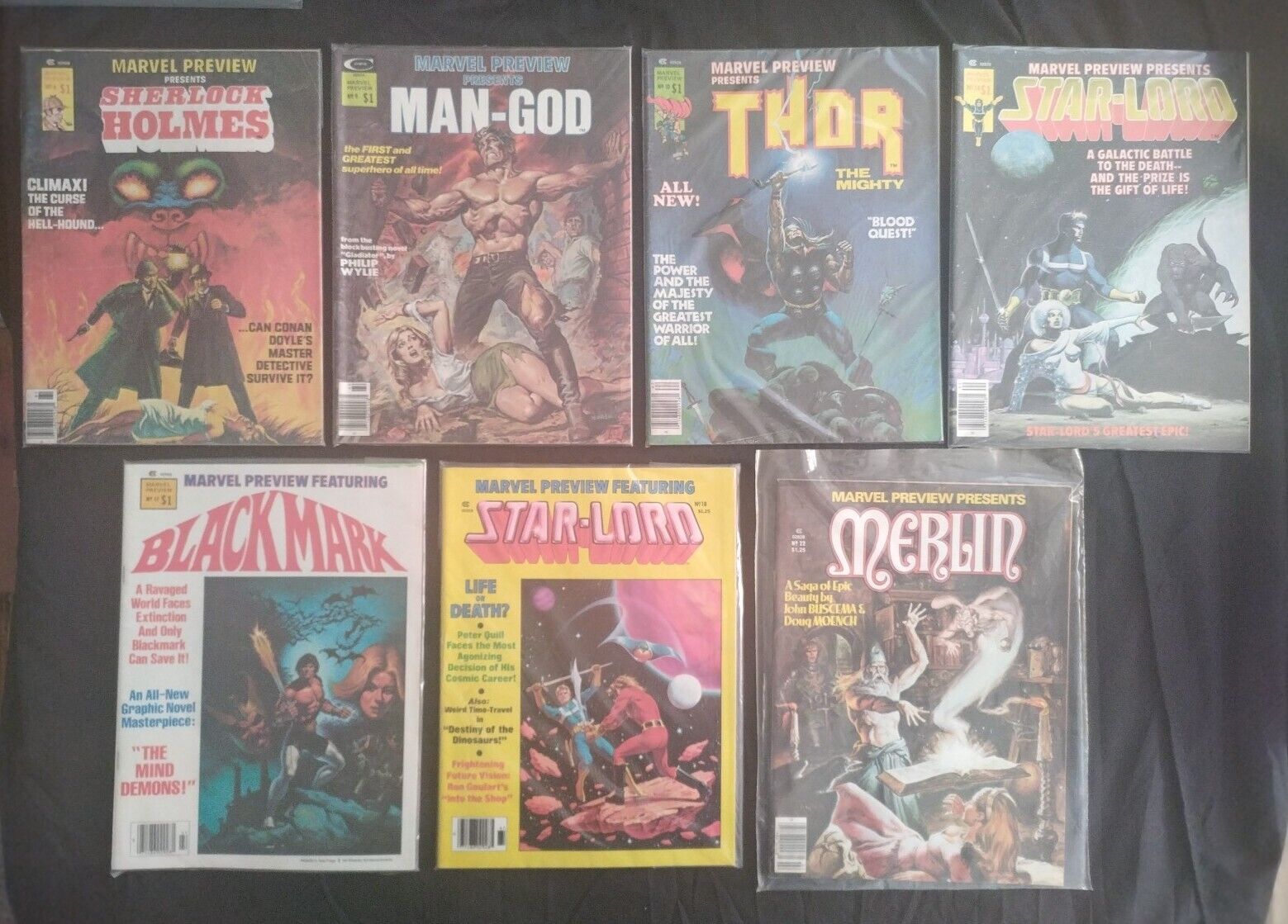 Marvel Preview 14,15 Starlord, 6 Holmes, 22 Merlin, 10 Thor, Man-God, Black Mark