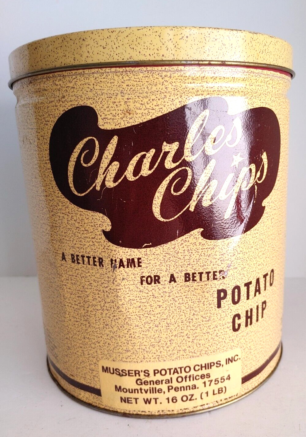 VTG Musser\'s Charles Chips BBQ Potato Chip Tin w Lid Container 16 oz  #21678