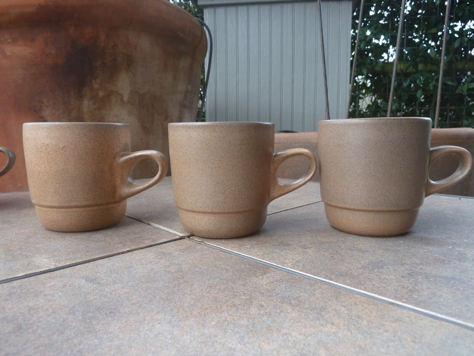 3 HEATH POTTERY MCM Ceramics Stackable Coffee Mug Cup Sandalwood Taupe Brown