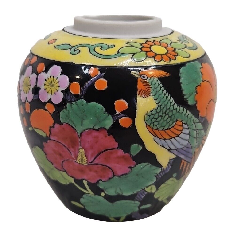 JAPANESE Blue Floral Pheonix Vase - Vintage Pottery tree flowers Japan - RARE