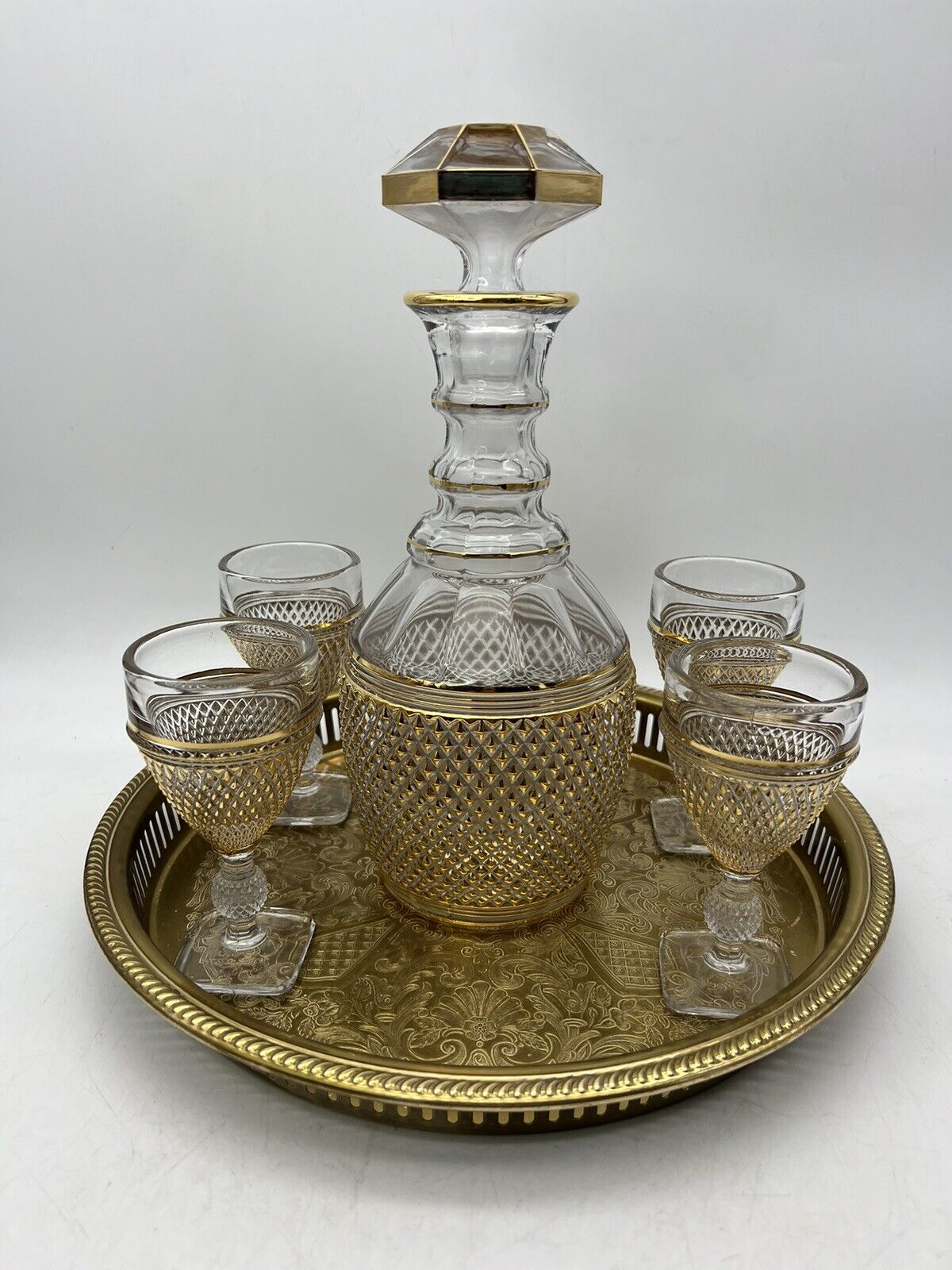 Imperial Glass Barware Gold Decanter w/ 4 Glasses & Tray Beautiful Vintage Set