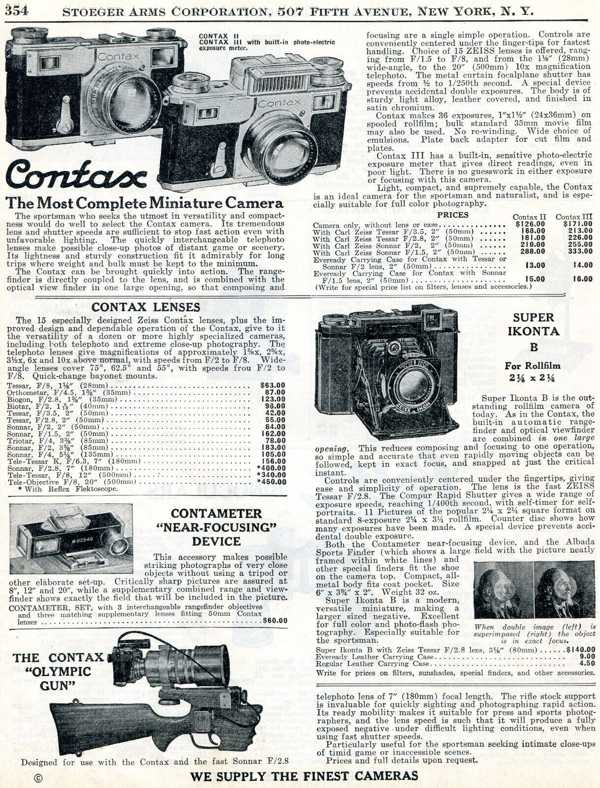 1939 Print Ad of Contax II III Miniature Camera, Super Ikonta B, Olympic Gun
