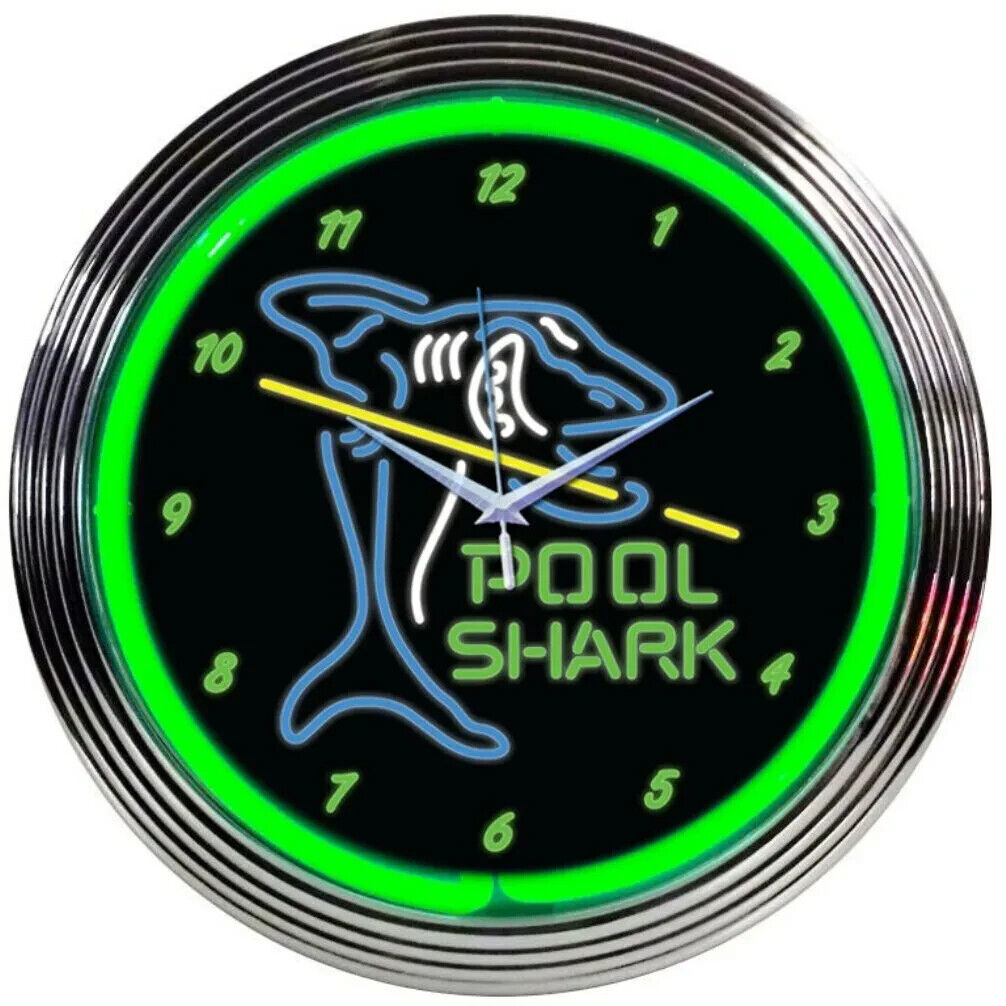 Pool Shark Green Neon Clock Billiards Sign Wall Lamp Light Pool Table Hustler
