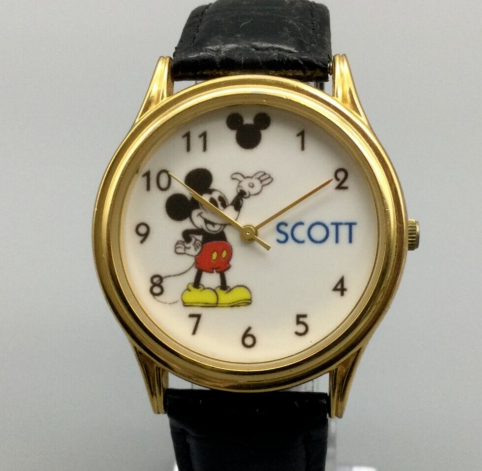 Disney Mickey Mouse Watch Unisex Scott Name 35mm Black Leather Band New Battery