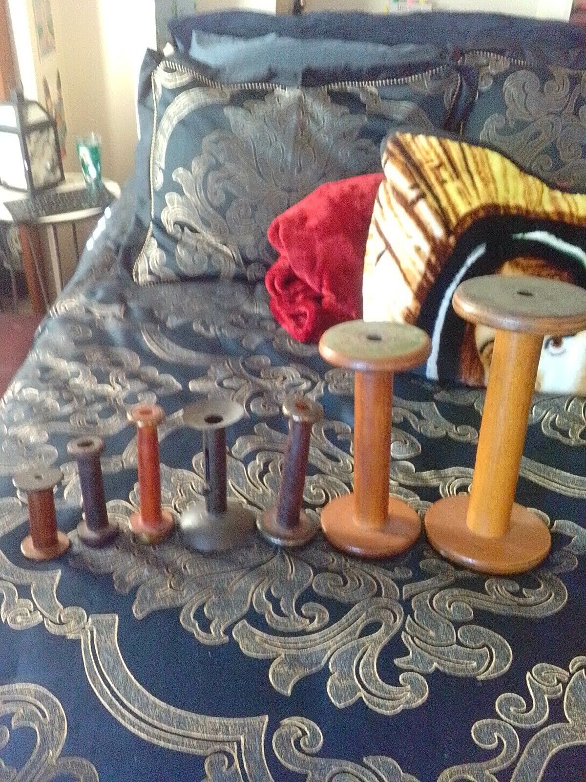 6 Antique Wooden Sewing Spools 1 metal
