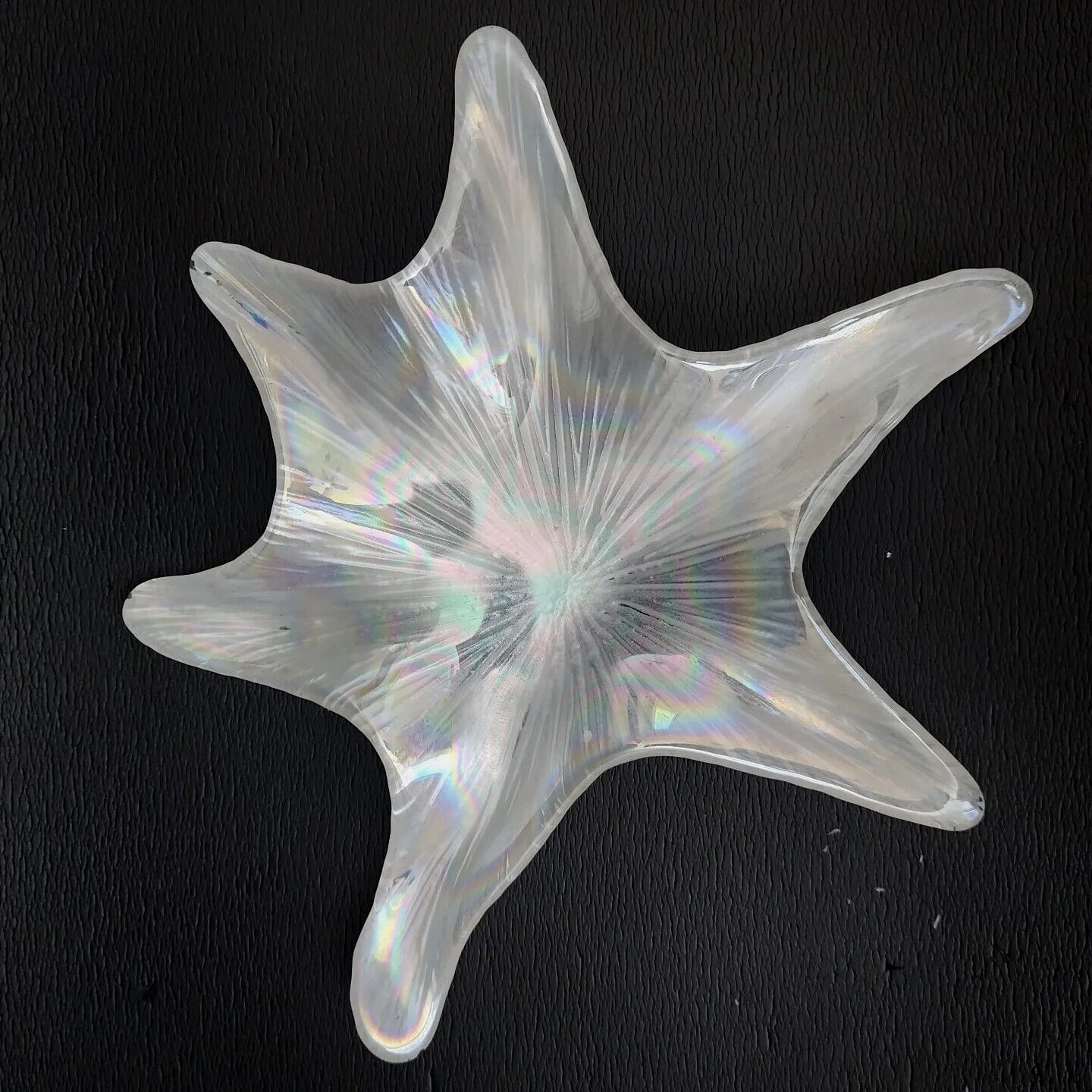 Vintage Mid-Century Akcam Glass Star Fish Dish Iridescent White Art 12\