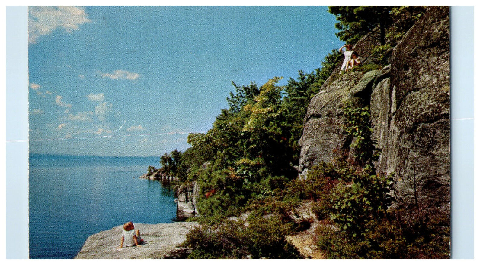 1953 Kid Sitting on Frye's Leap and Images Sebago Lake ME Vintage Postcard