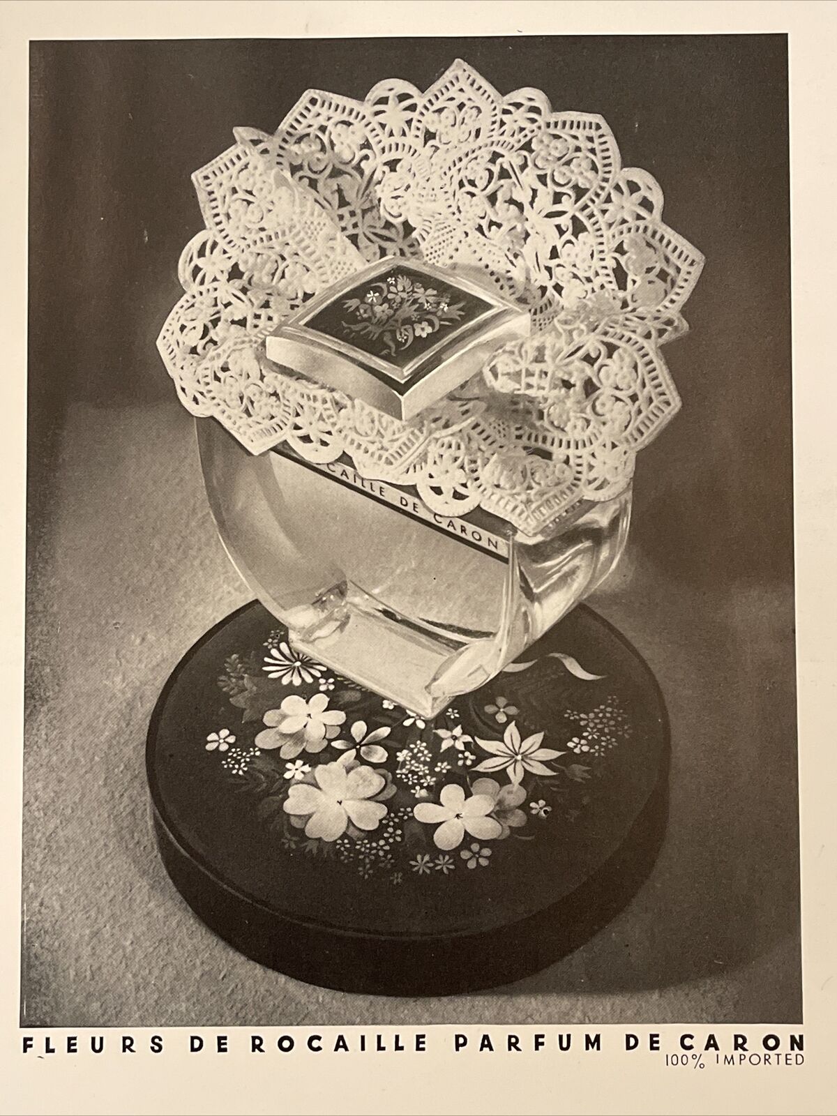 CARON French Perfume Vintage 1947 Print Ad Fleurs de Rocaille Bottle w/ Flowers