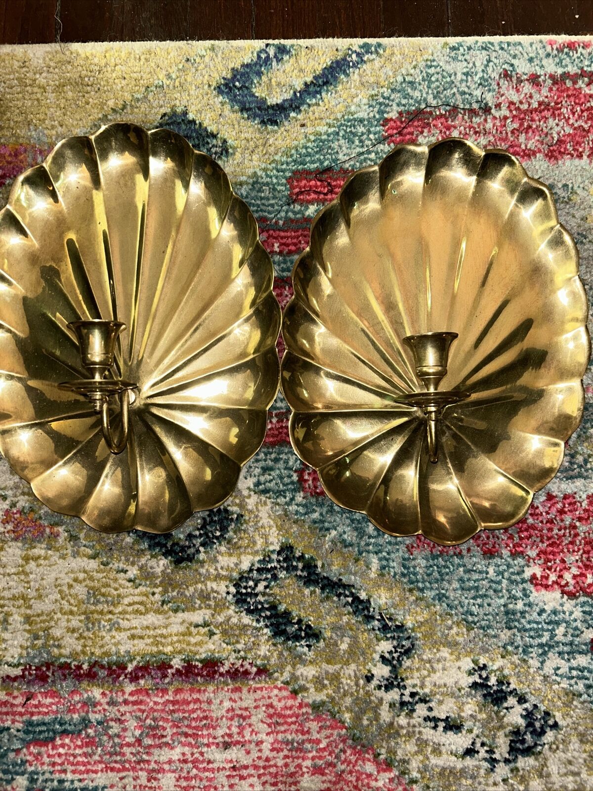 2 Vintage Beautiful Art Deco Brass Shell Candle Wall Sconces. LARGE Gorgeous