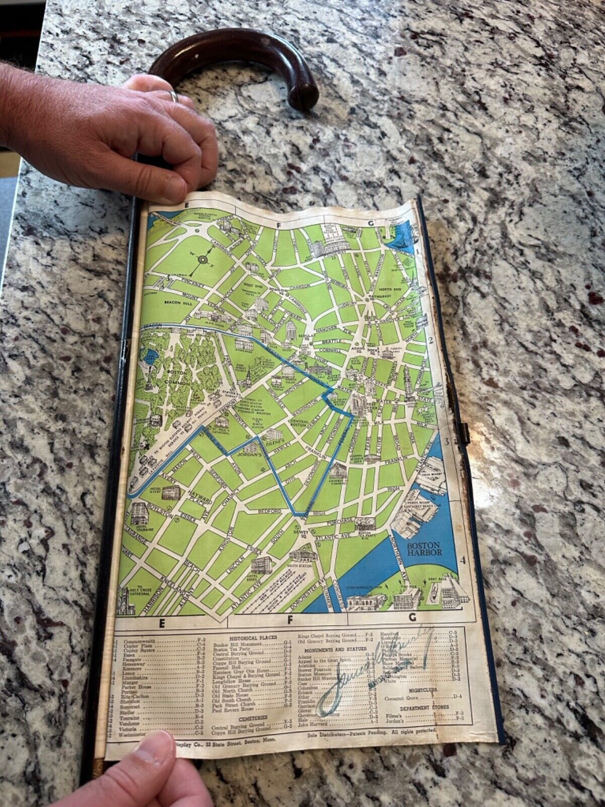 Rare Boston Mayor James Curley Stamped Cane Map of Boston