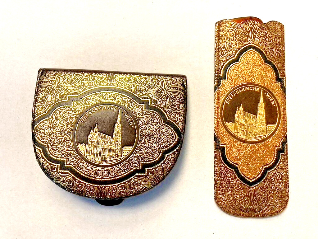 Vintage Leather Souvenir set Coin Purse & Comb of Stefanskirche Church Austria