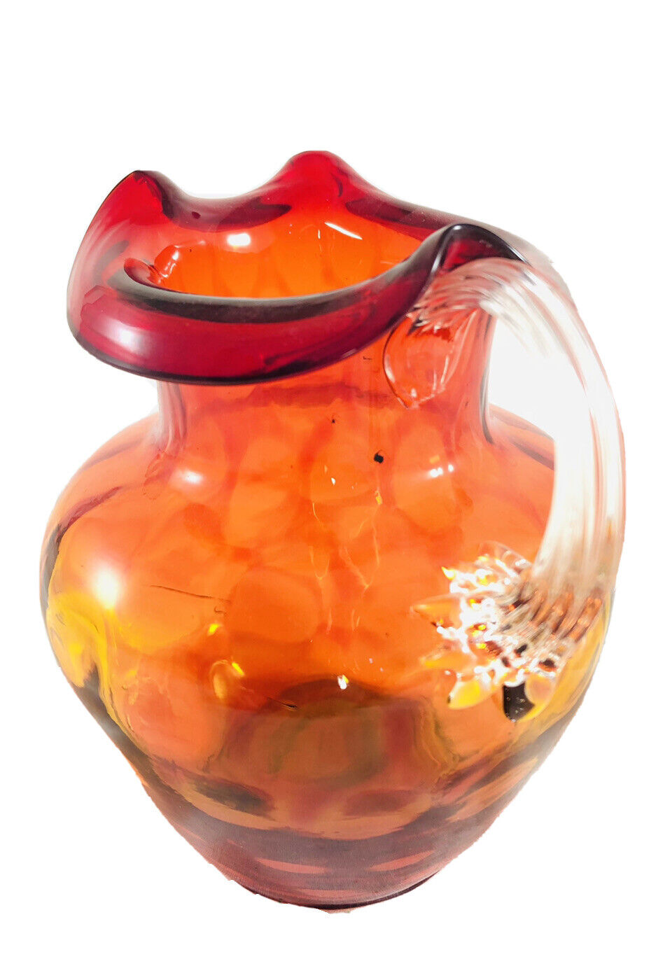 Vintage Amberina Optic Glass Pitcher with Applied Clear Handle