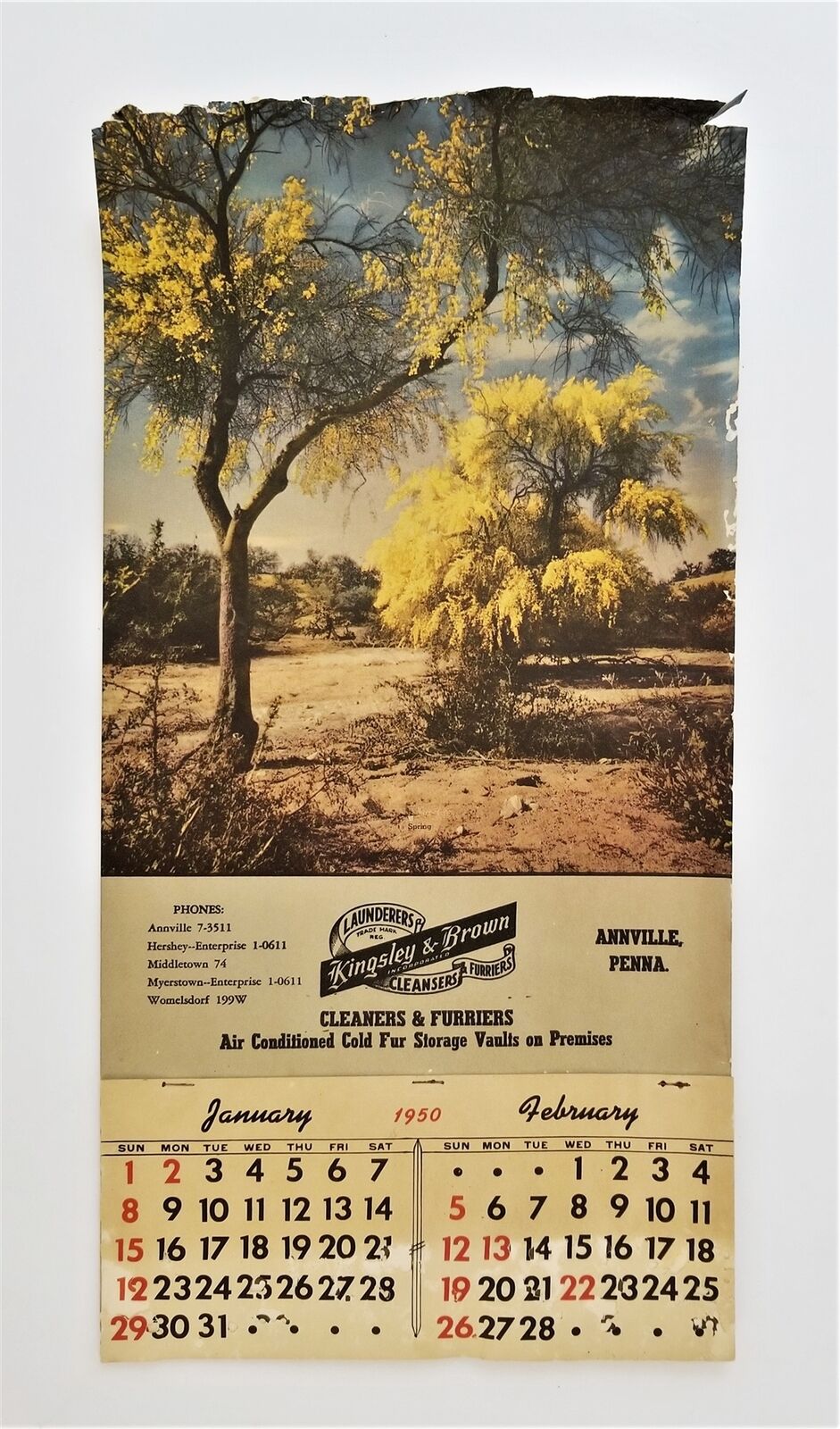 1950 antique KINGSLEY & BROWN annville pa CALENDAR cleaner furrier wall ad