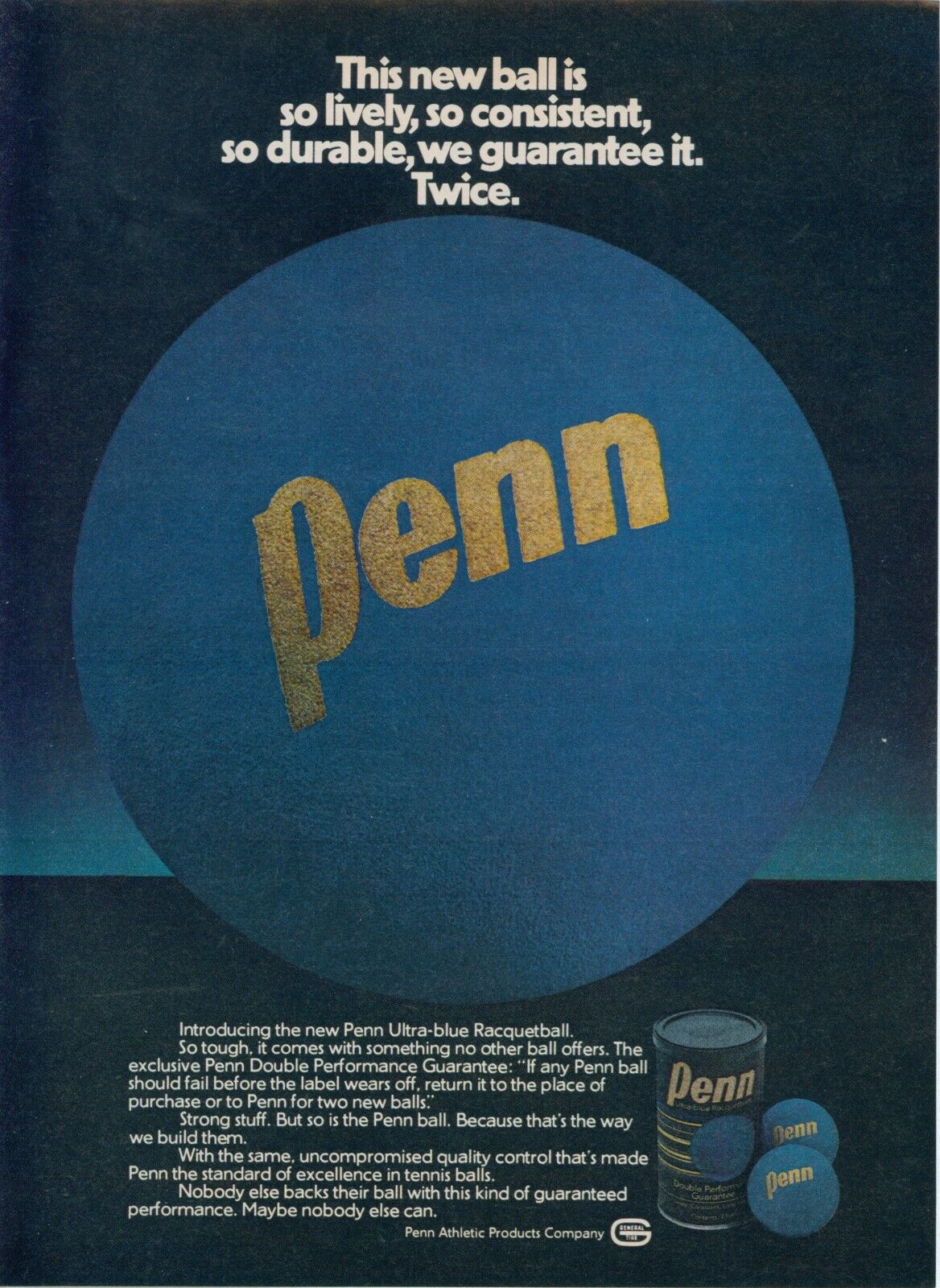 1979 Penn Ultra Blue Racquetball Double Performance Guarantee Vtg Print Ad SI3