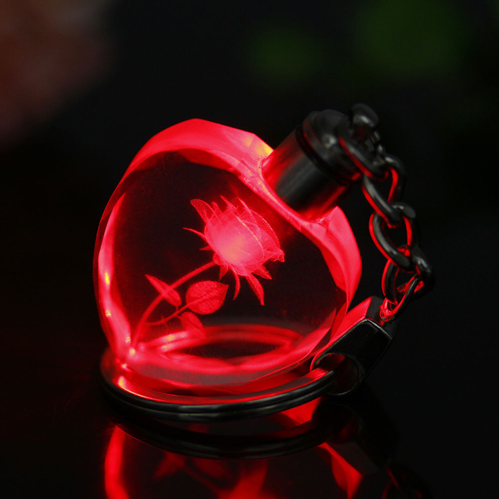 Crystal LED Laser Engraving Rose Heart Light Pendant Key Chain Key Ring keyring