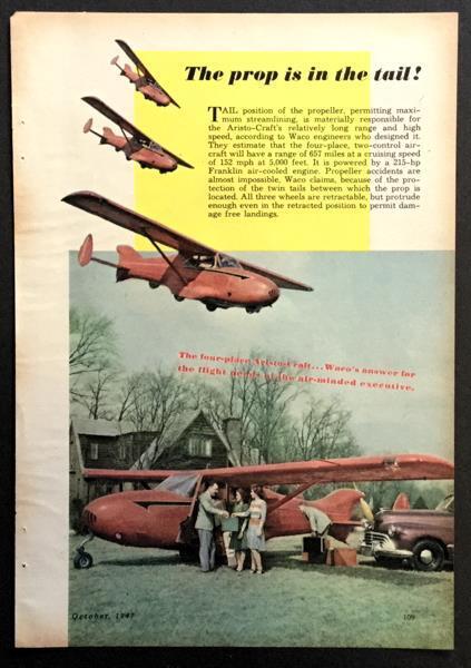 Waco Aristocraft Model W 1947 pictorial four-seat monoplane w/ Pusher propeller