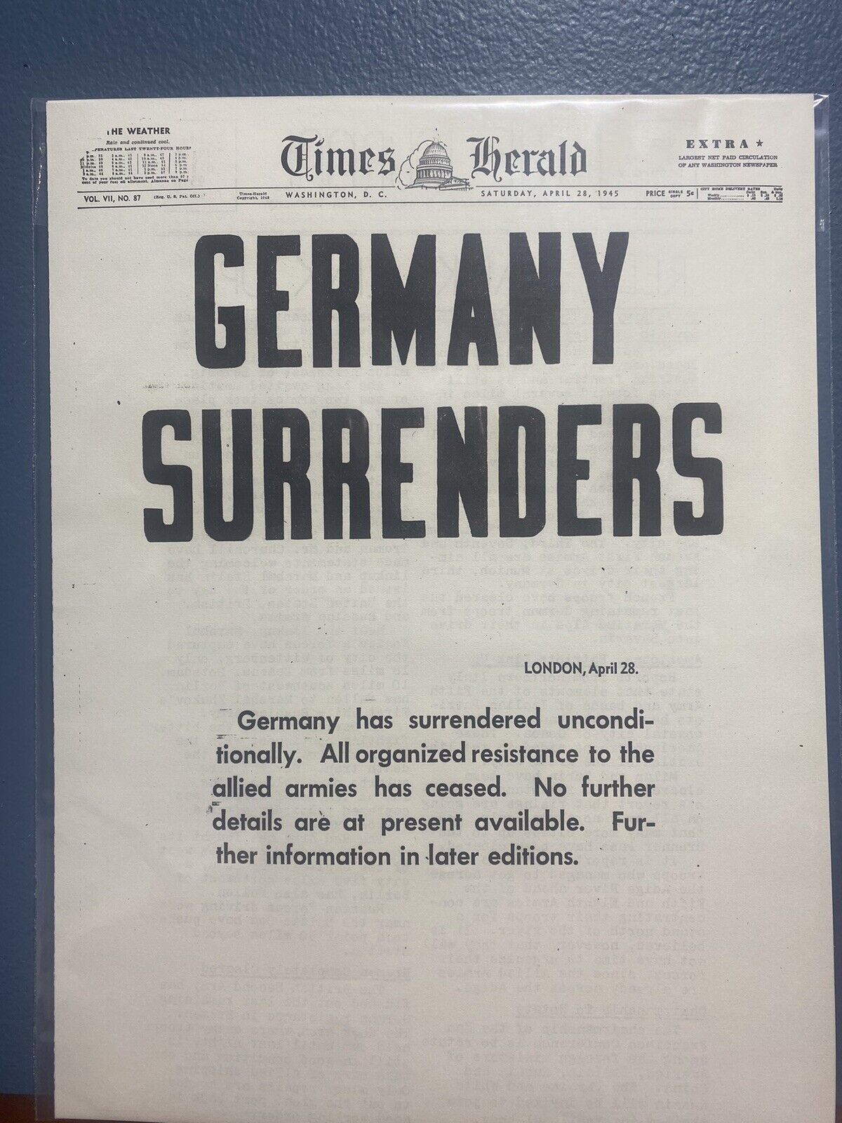 VINTAGE NEWSPAPER HEADLINE~WORLD WAR 2 GERMANY SURRENDERS VICTORY IN EUROPE 1945