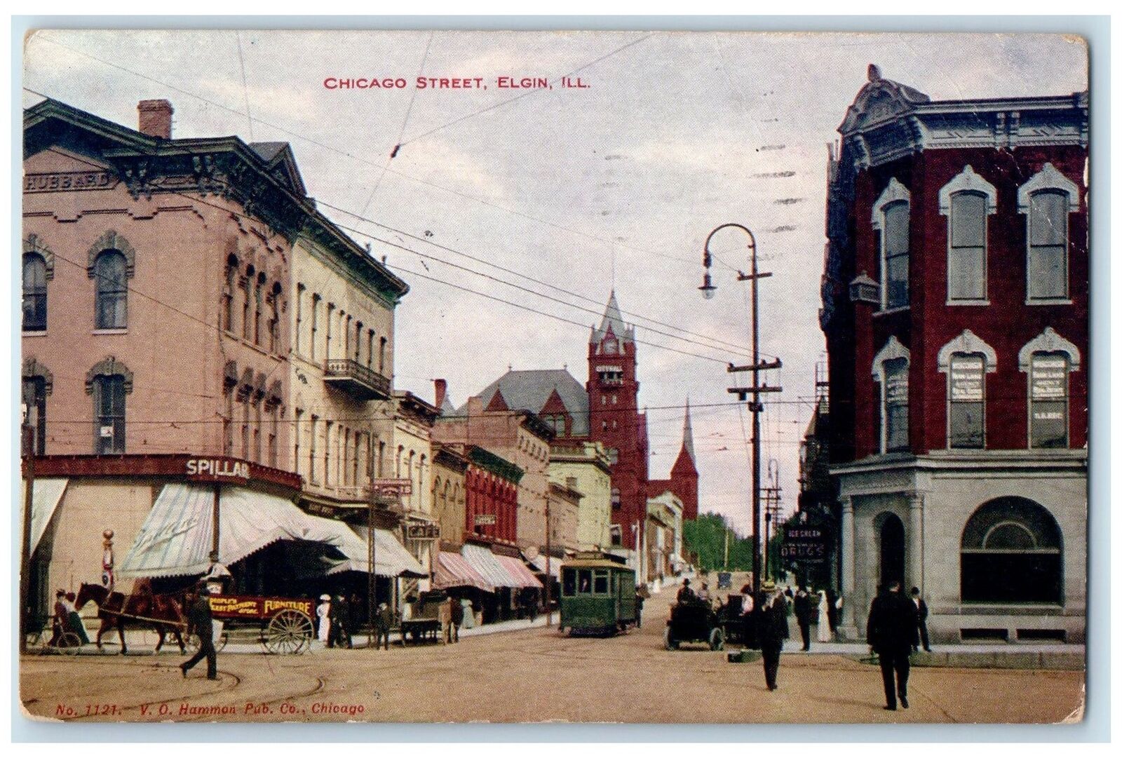 1909 Chicago Street Building Wagon Classic Cars Trolley Elgin Illinois Postcard