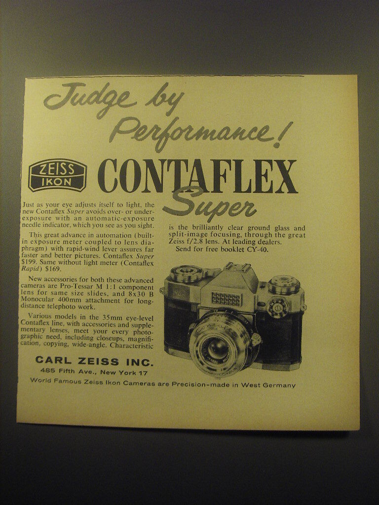 1959 Zeiss Contaflex Super Camera Ad - Judge by Performance