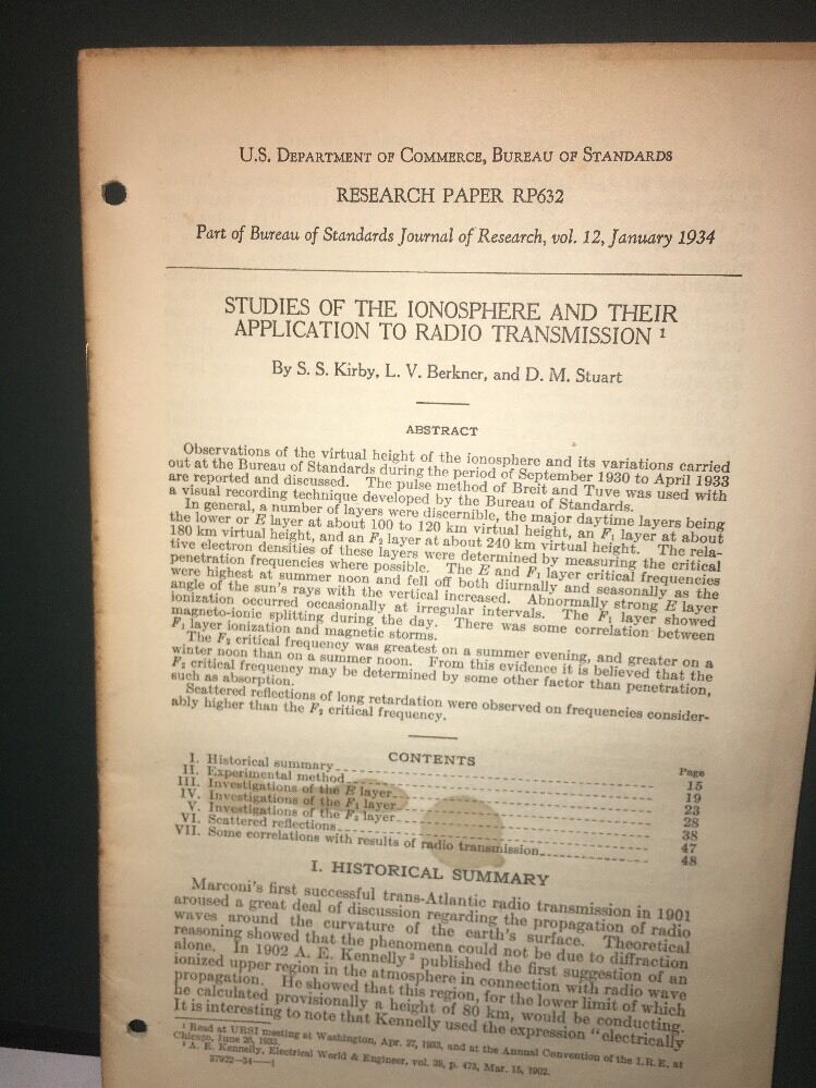 1933 Department Of Commerce  Bureau Of Standards Research Paper.Ionosphere