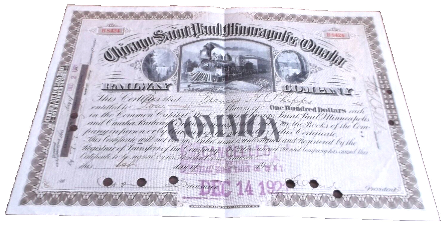 1921 CHICAGO ST. PAUL MINNEAPOLIS & OMAHA RAILWAY COMPANY STOCK CERTIFICATE