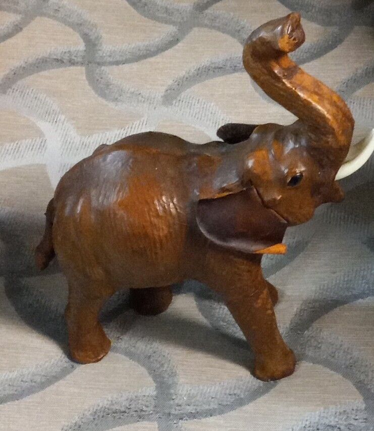 Vintage Elephant Leather Brown Figure Figurine w/Trunk Up -Exceptional Condition