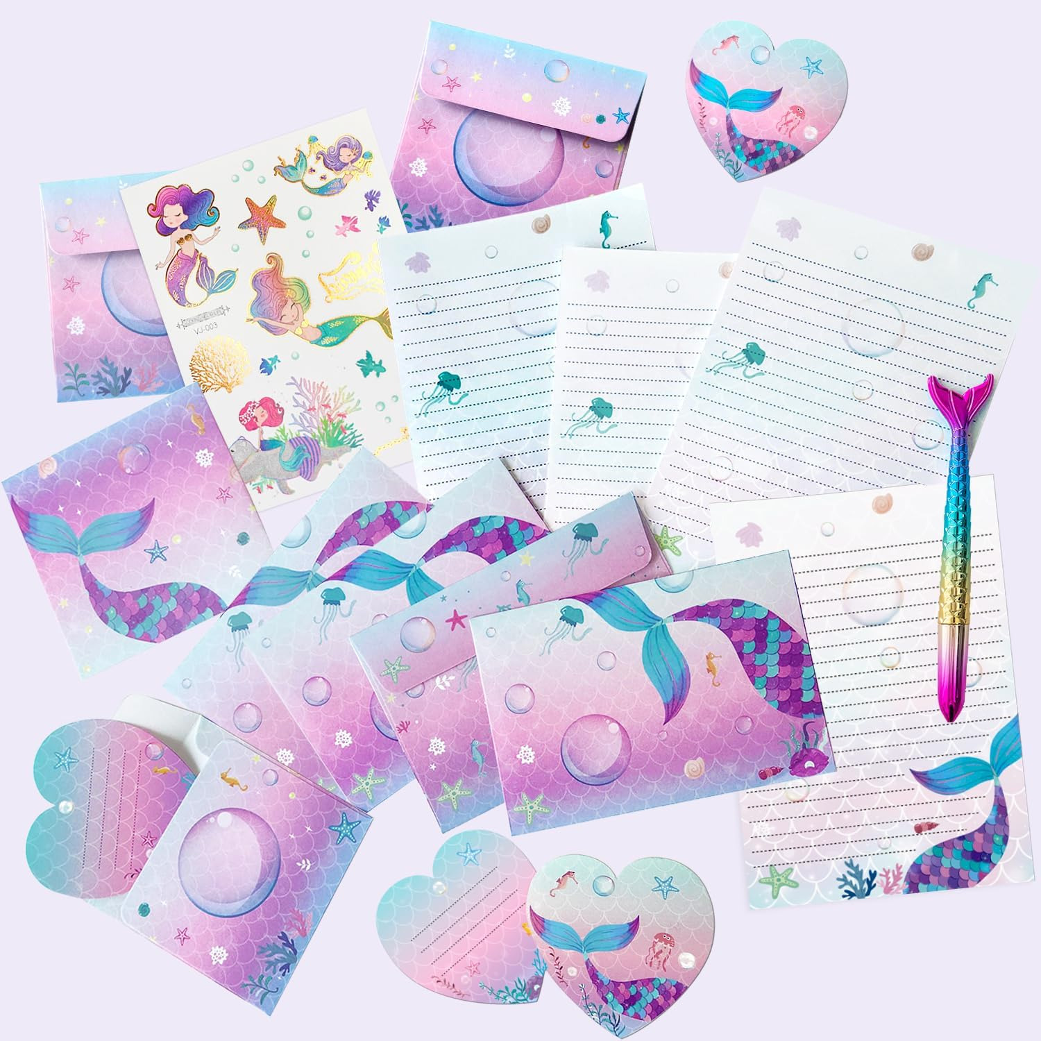 Mermaid Stationery Set Gift for Girl - 20 Mermaid -Style Paper Sheets + 10 Envel