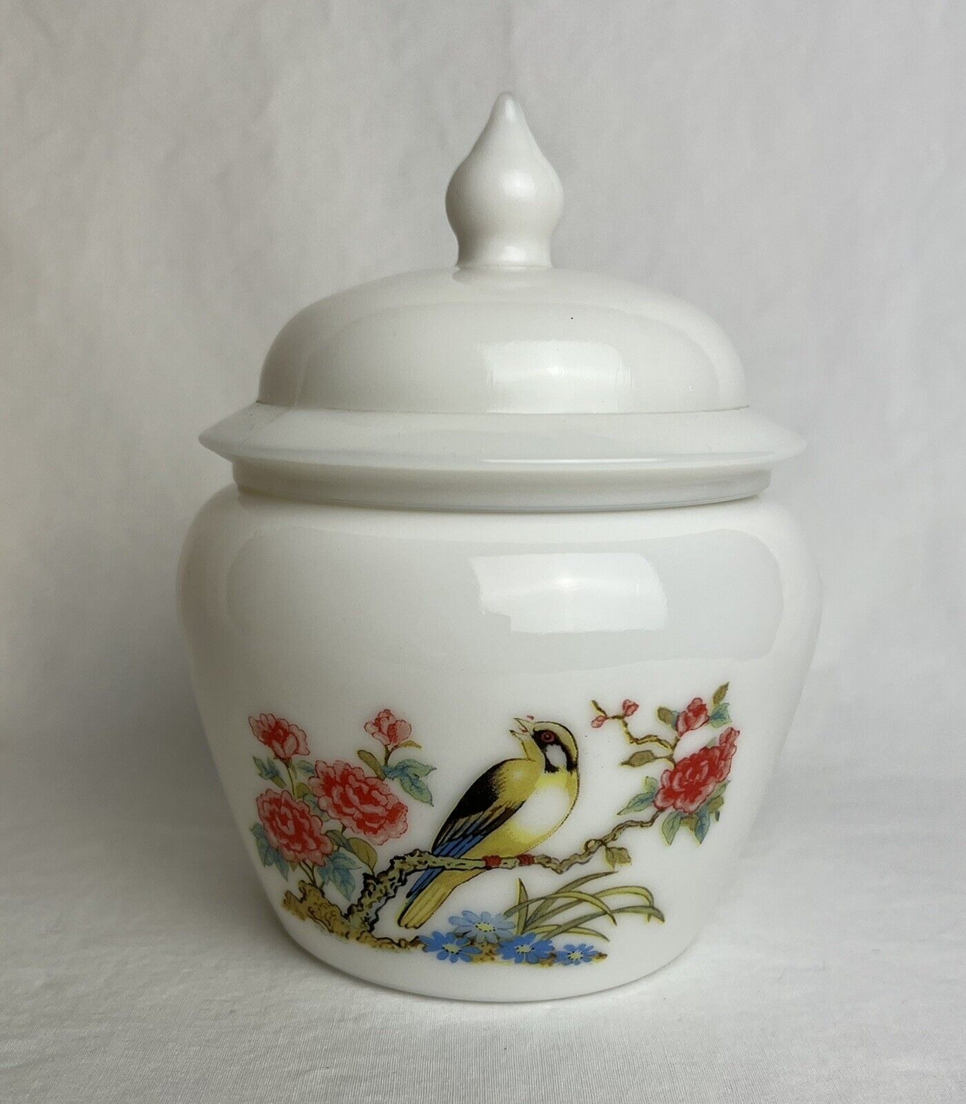 Vintage AVON Milk Glass Ginger Jar w/Lid Bird & Flowers 6”