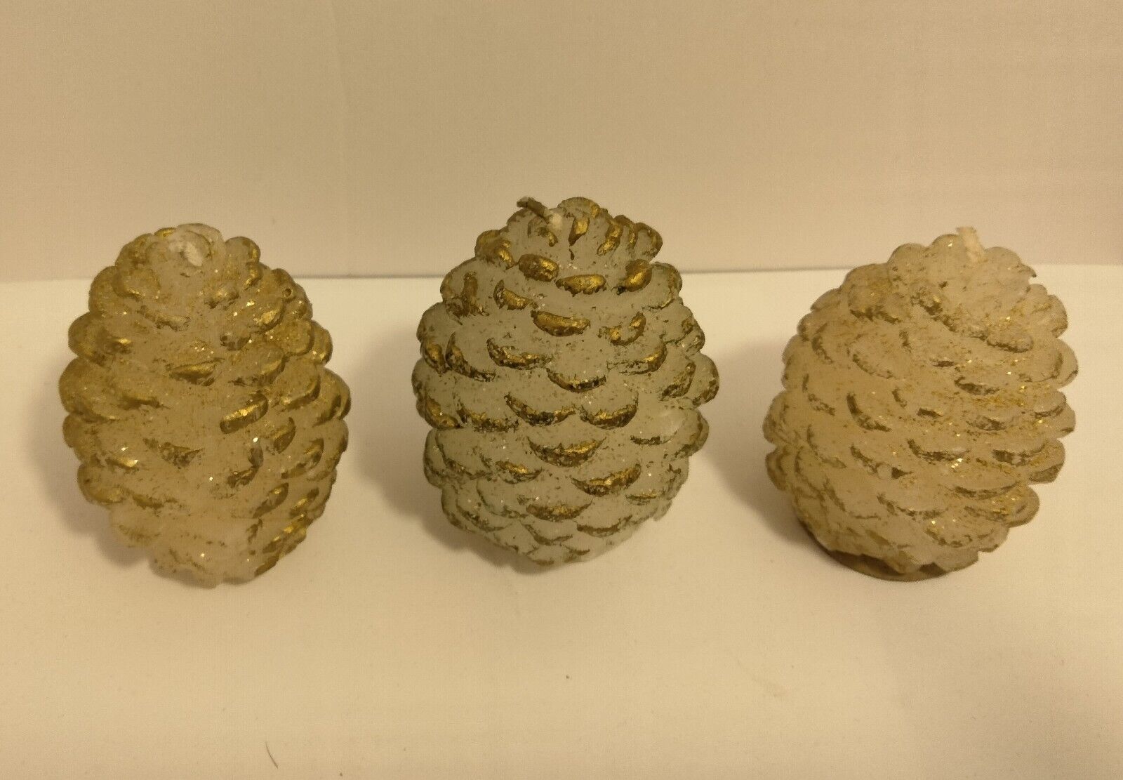 Pine Cone Shaped Candles White Gold Vintage 1960 s Lot 3 NOS