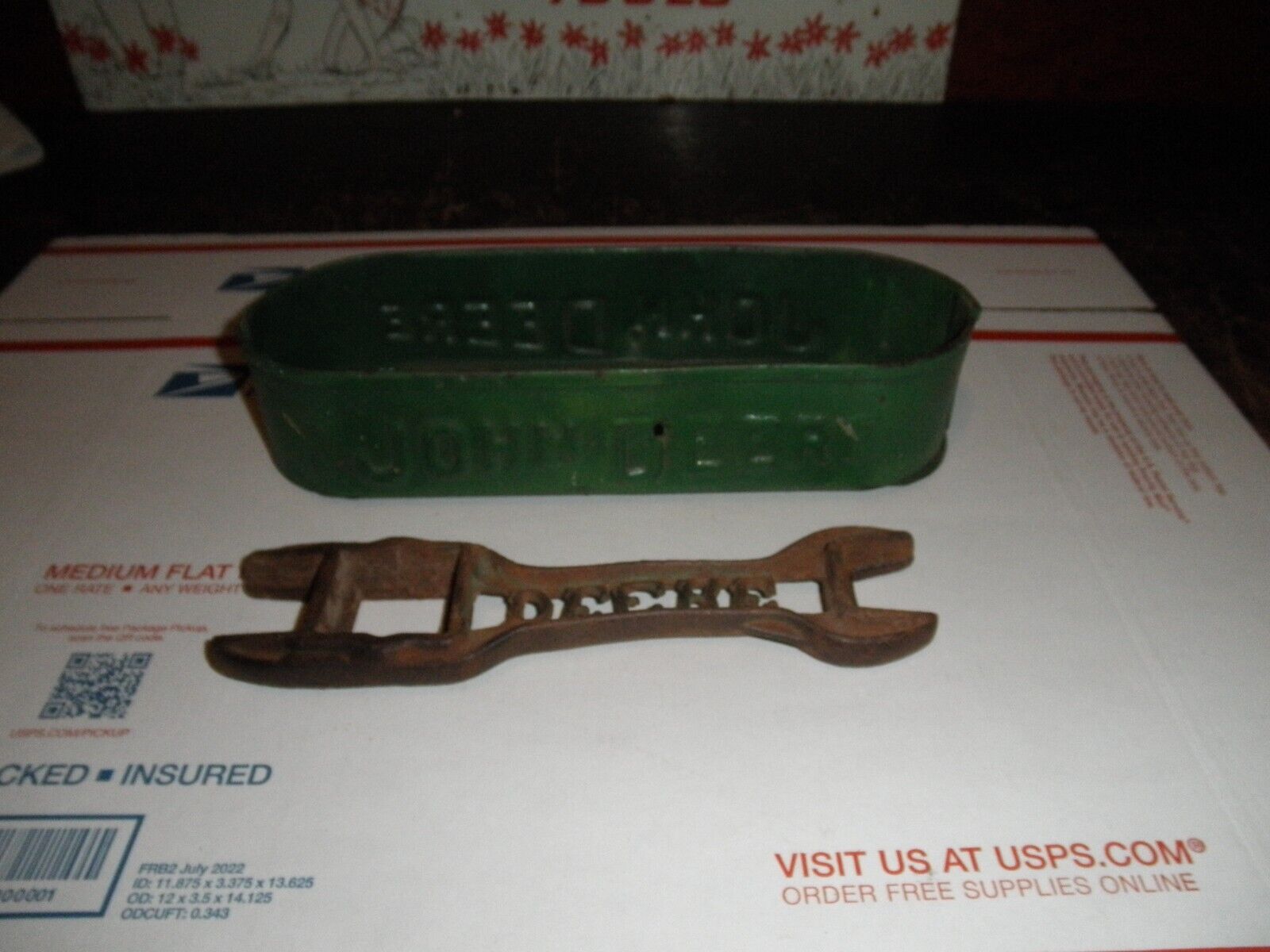 Vintage John Deere Farm Cut Out Wrench Marked A196 with Pressed Steel Tool Box