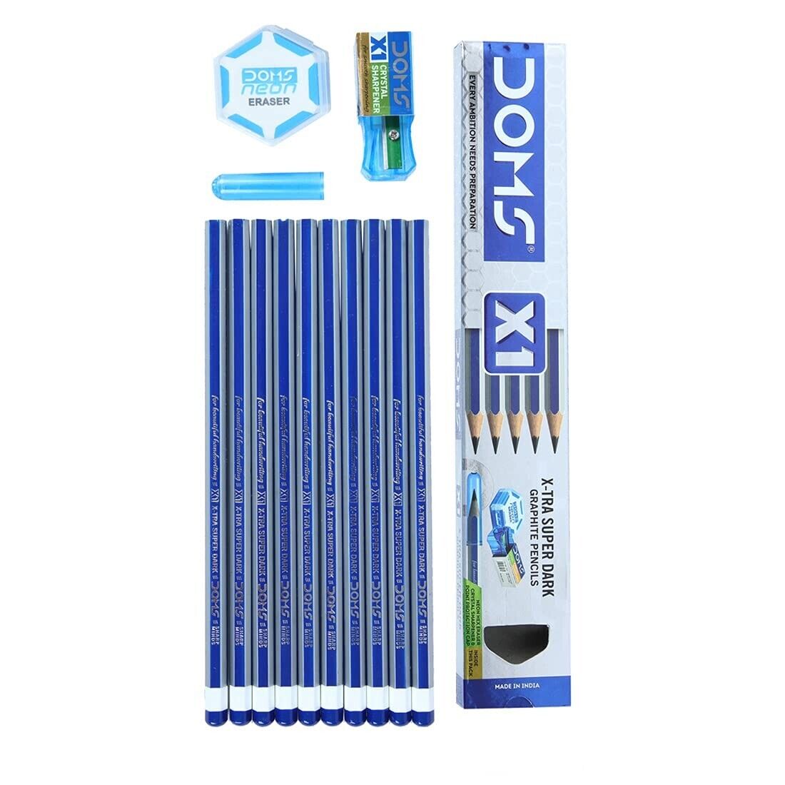 Doms X1 Xtra Super Dark 10 Pencils With Free Eraser, Scale & Pencil Cap Inside