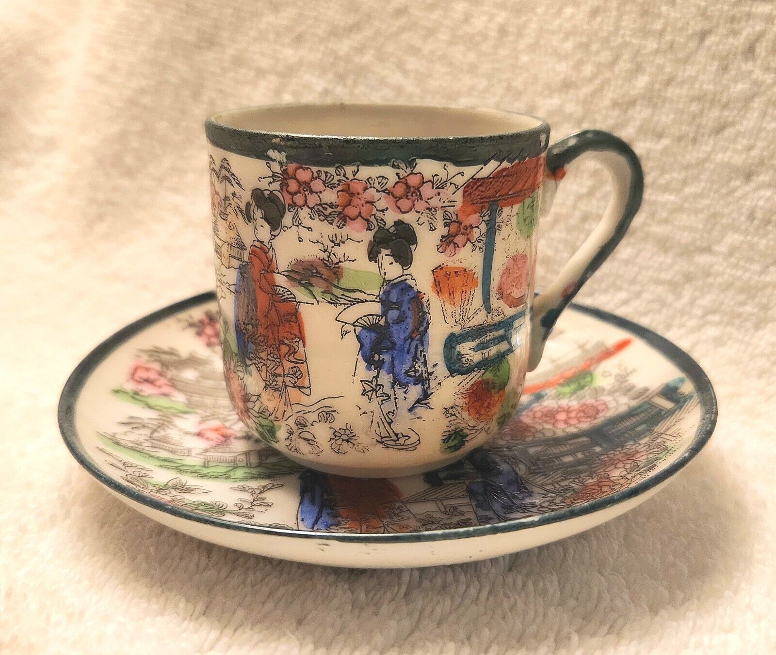 NVintage C. 1920s Demitasse Geisha Girls Porcelain Cup & Saucer Beautiful 1939