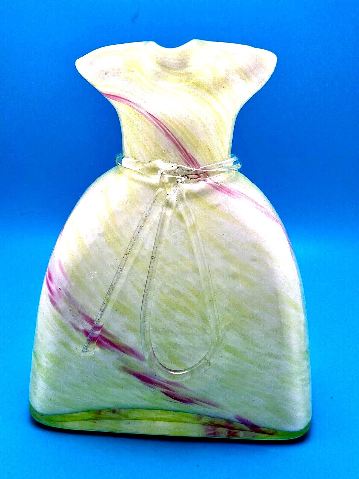 Hand Blown Glass Vase Green White Pink Gift Bag Shape Ribbon Preowned Nice