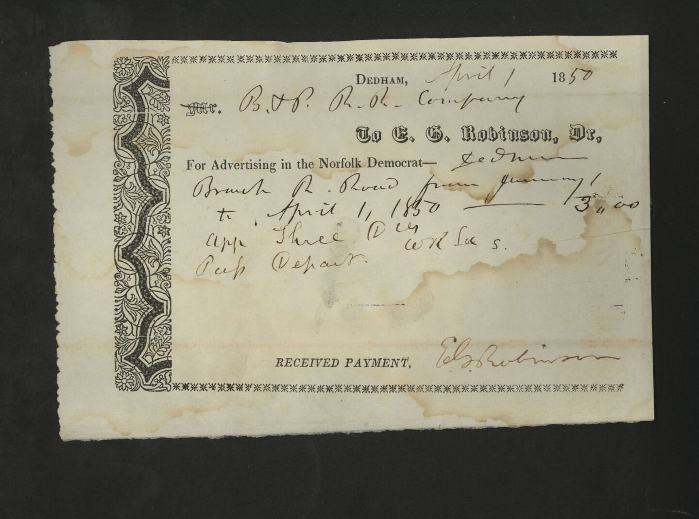 NORFOLK DEMOCRAT signed 1850 receipt Dedham newspaper * Elbridge Gerry Robinson