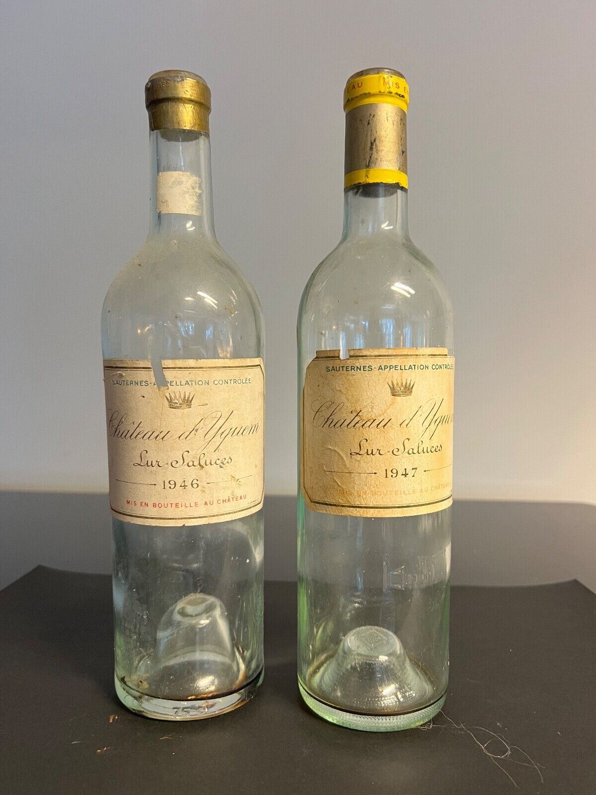 Very Rare  pair of Château d'Yquem 1946 & 1947 vintage empty Wine Bottles