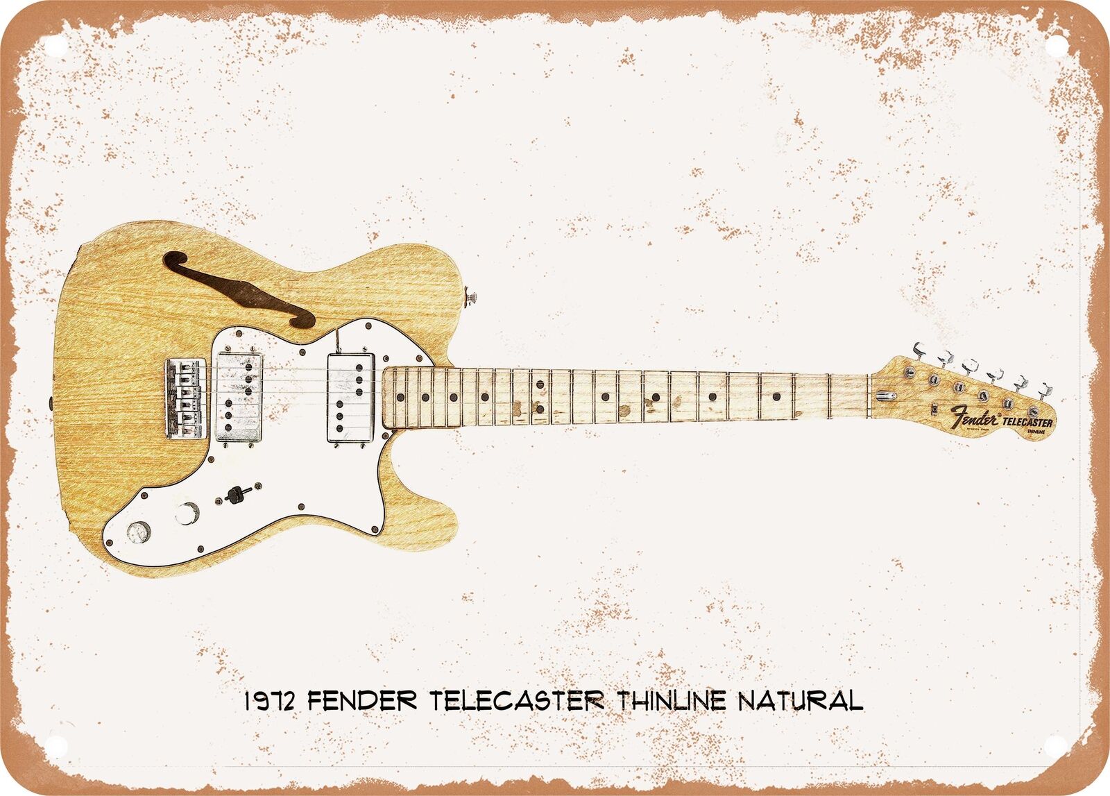 Guitar Art - 1972 Fender Tele Thinline Pencil Drawing - Rusty Look Metal Sign