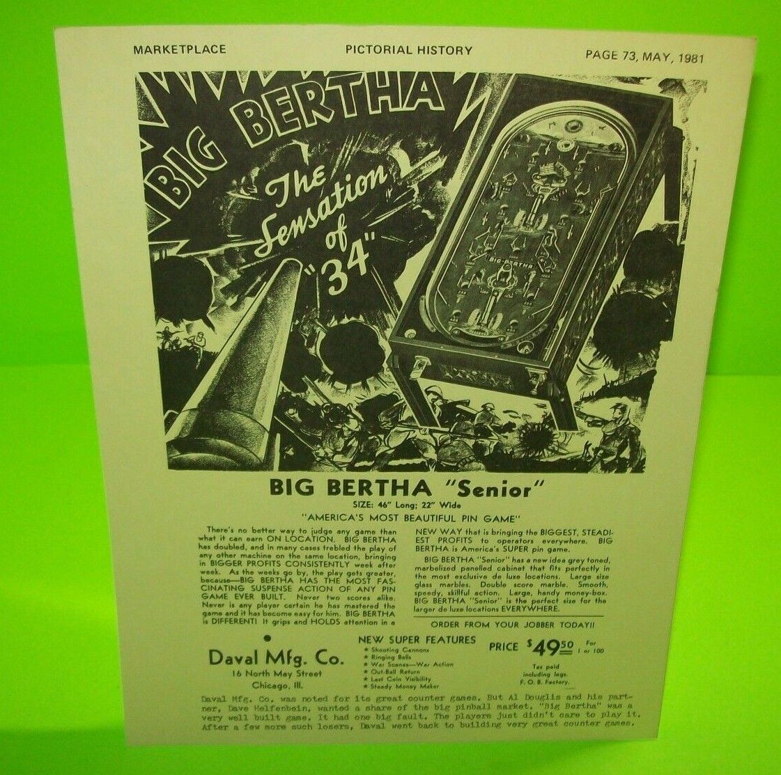 Big Bertha Pinball Machine Marketplace Magazine Game Art AD 1981 Daval Mfg. Co.