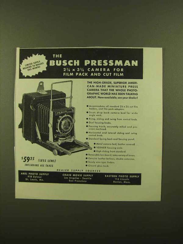 1943 Busch Pressman Camera Ad - Limited Supply Released