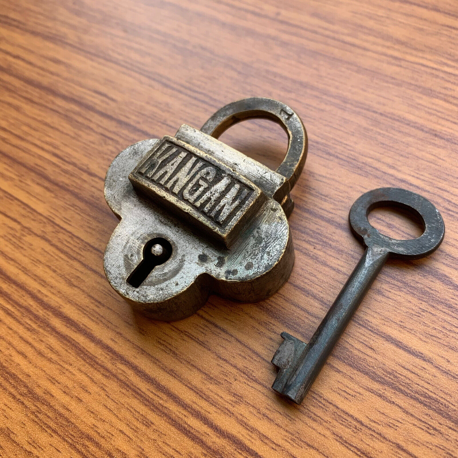 1930's Old or antique brass padlock lock with key Rare shape, Rich Patina.