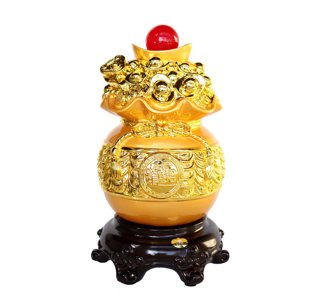 Feng Shui Golden Money Bag Full of Coins and Ingots with Ru Yi