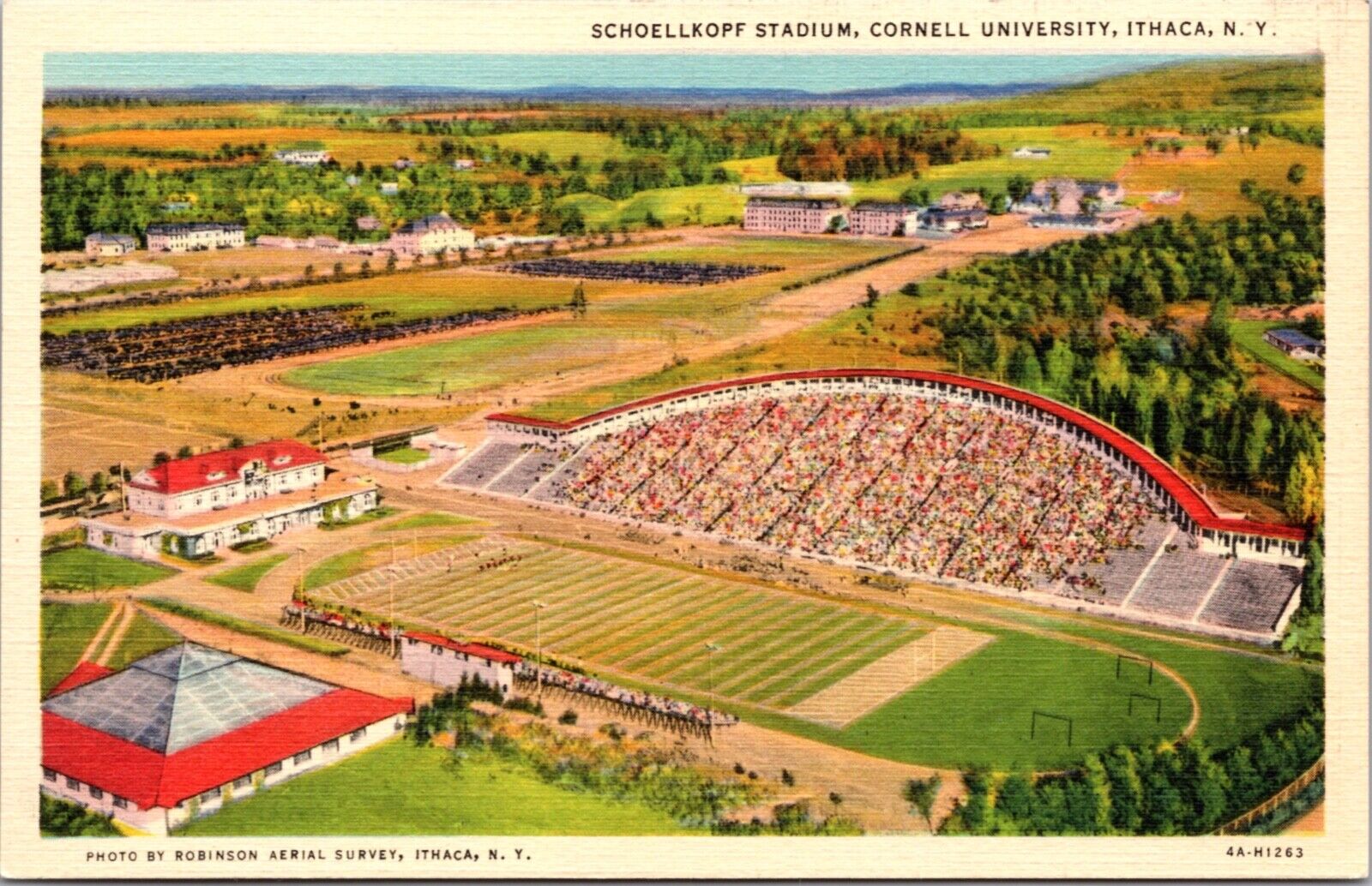Linen Postcard Schoellkopf Stadium at Cornell University in Ithaca, New York