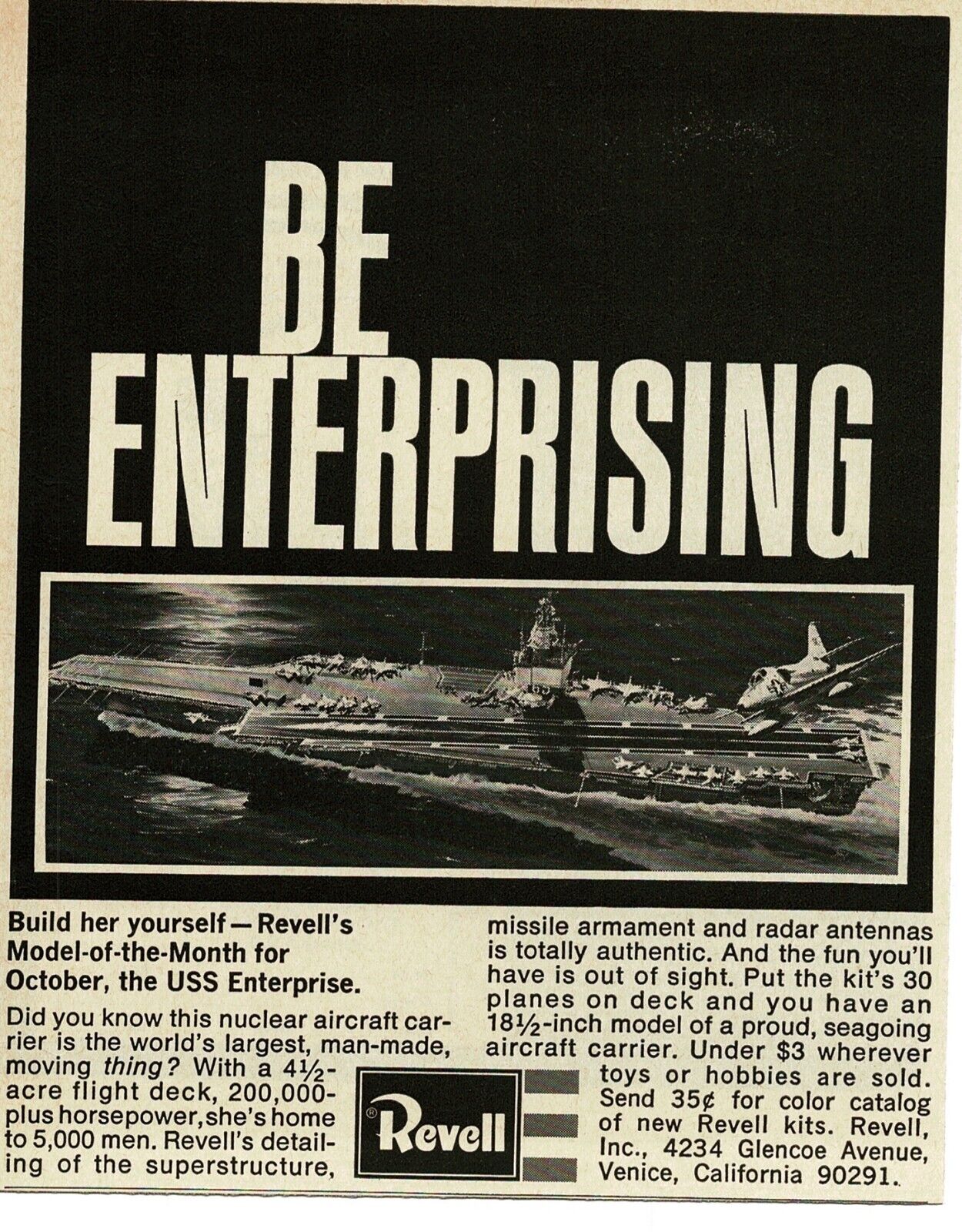 1969 REVELL Model Ship kit USS Enterprise aircraft carrier Vintage Print Ad