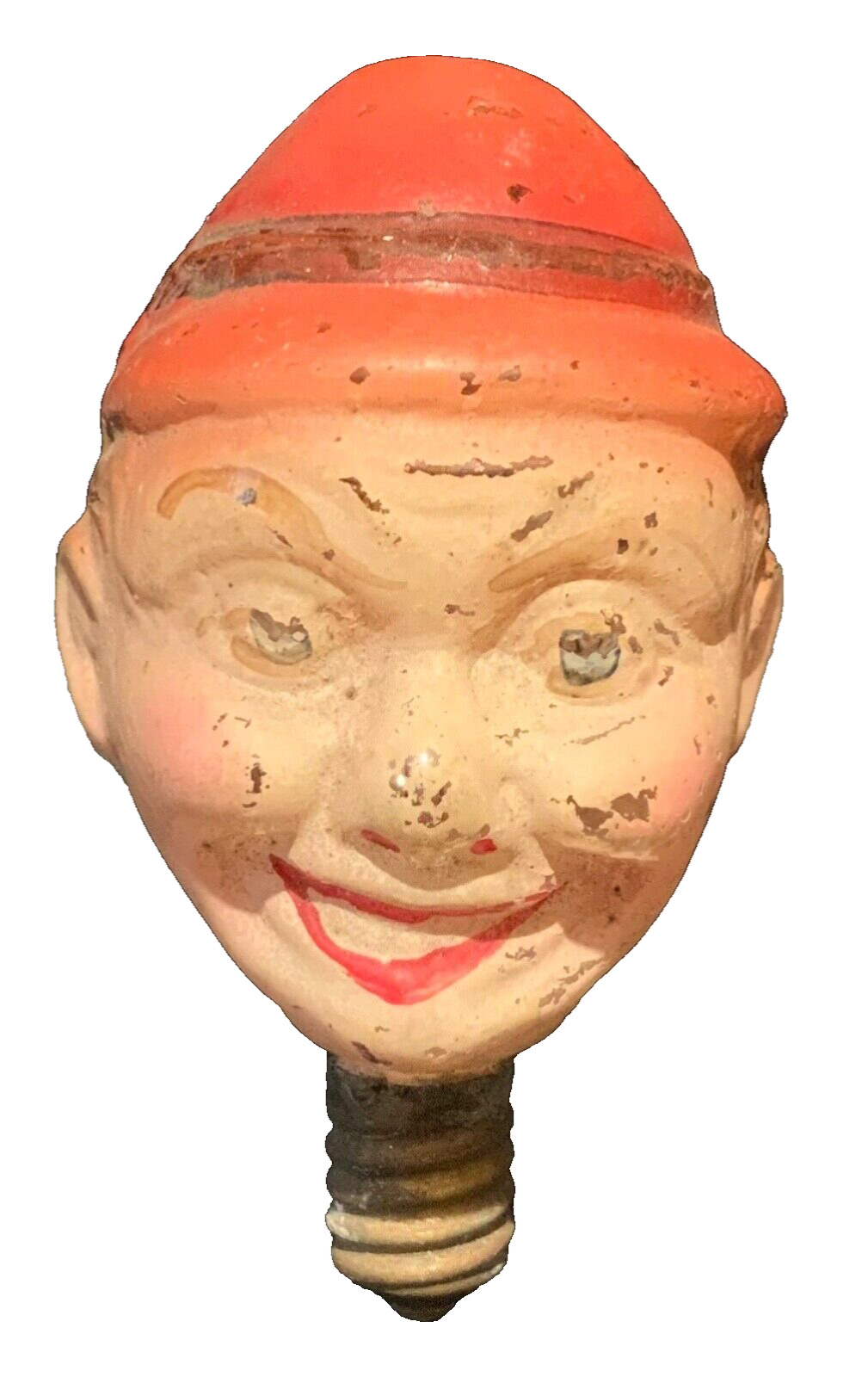 RARE ANTIQUE GERMAN FIGURAL CLEAR GLASS LIGHT BULB - SMILING MAN IN RED HAT