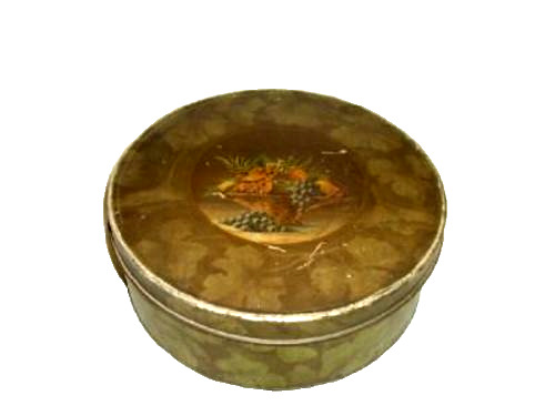 ART DECO FRUIT BASKET TINDECO COOKIE SEWING TIN SHADOW LEAVES LARGE 1920s