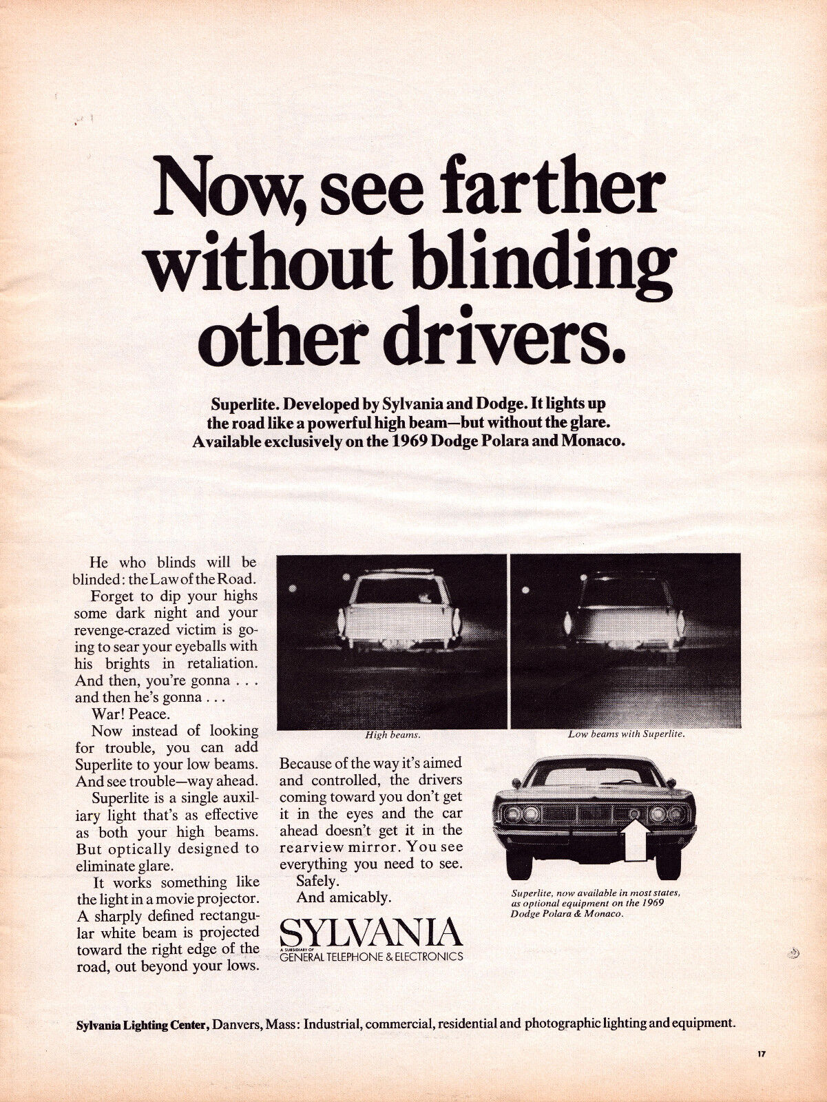 Print Ad 1969 Sylvania Superlite Headlights GTE Dodge Polara and Monaco Vintage